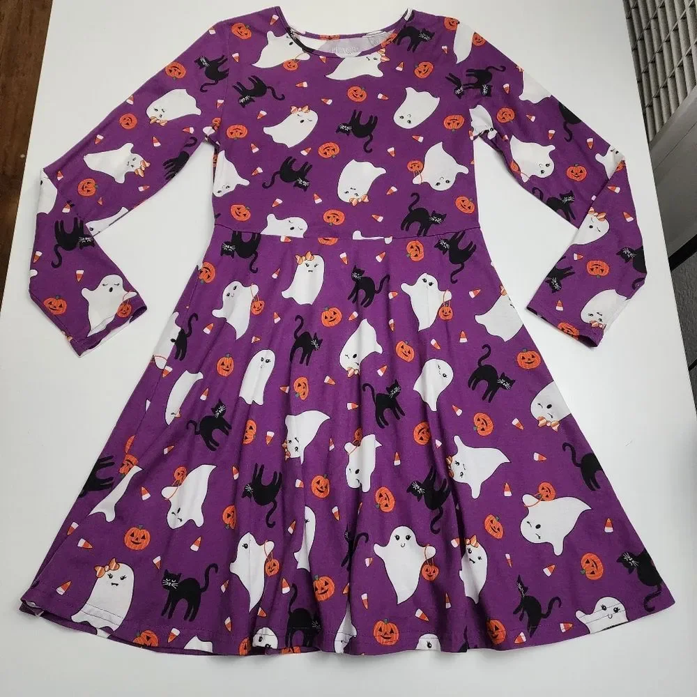 Girls Friendly Ghosts Pumpkins Purple Halloween Dress Size Large L 10/12